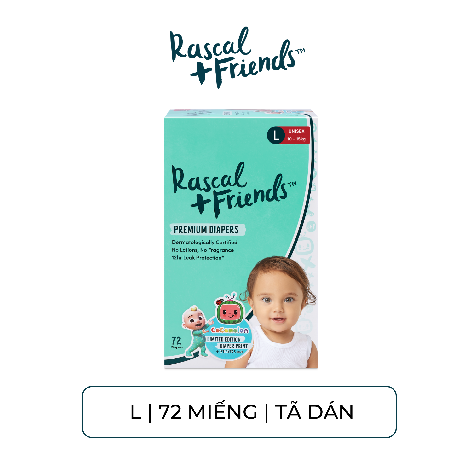 Tã/Bỉm Dán Cao Cấp Rascal + Friends Cocomelon Size L 10-15kg, 72 miếng