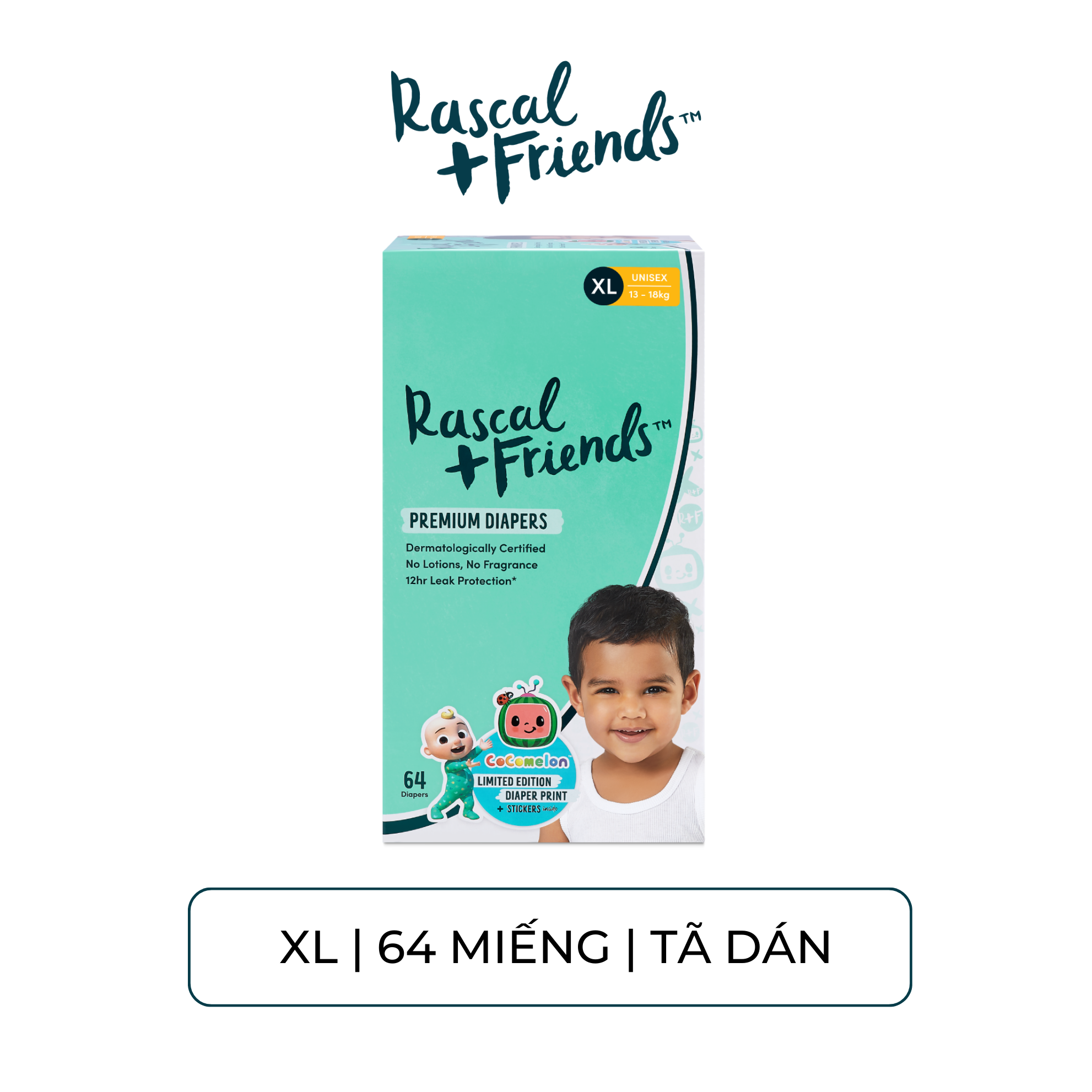 Tã/Bỉm Dán Cao Cấp Rascal + Friends Size XL 13-18kg, 64 miếng - motherswork