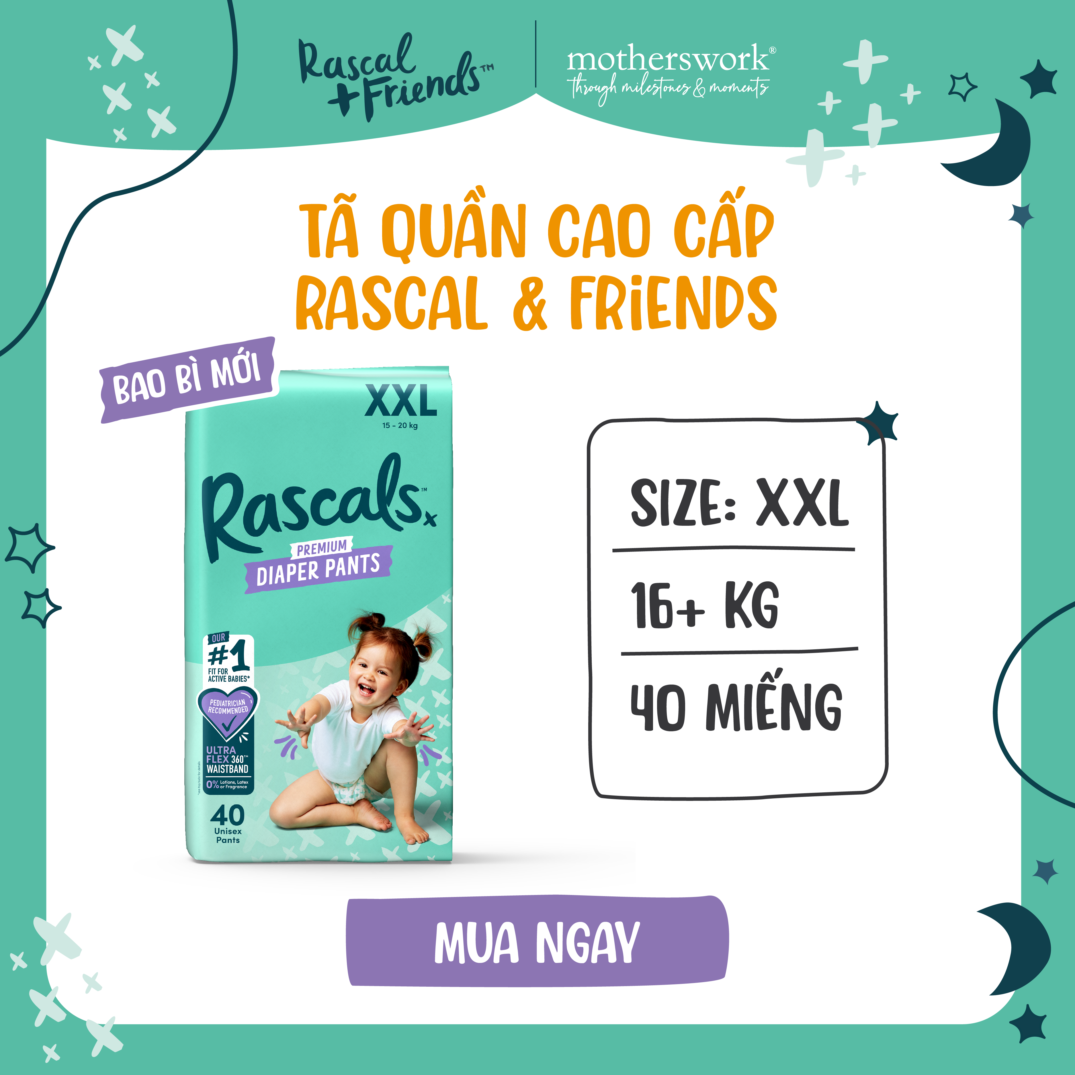 Tã/Bỉm Quần Cao Cấp Rascal + Friends Size XXL 15-20kg, 40 miếng