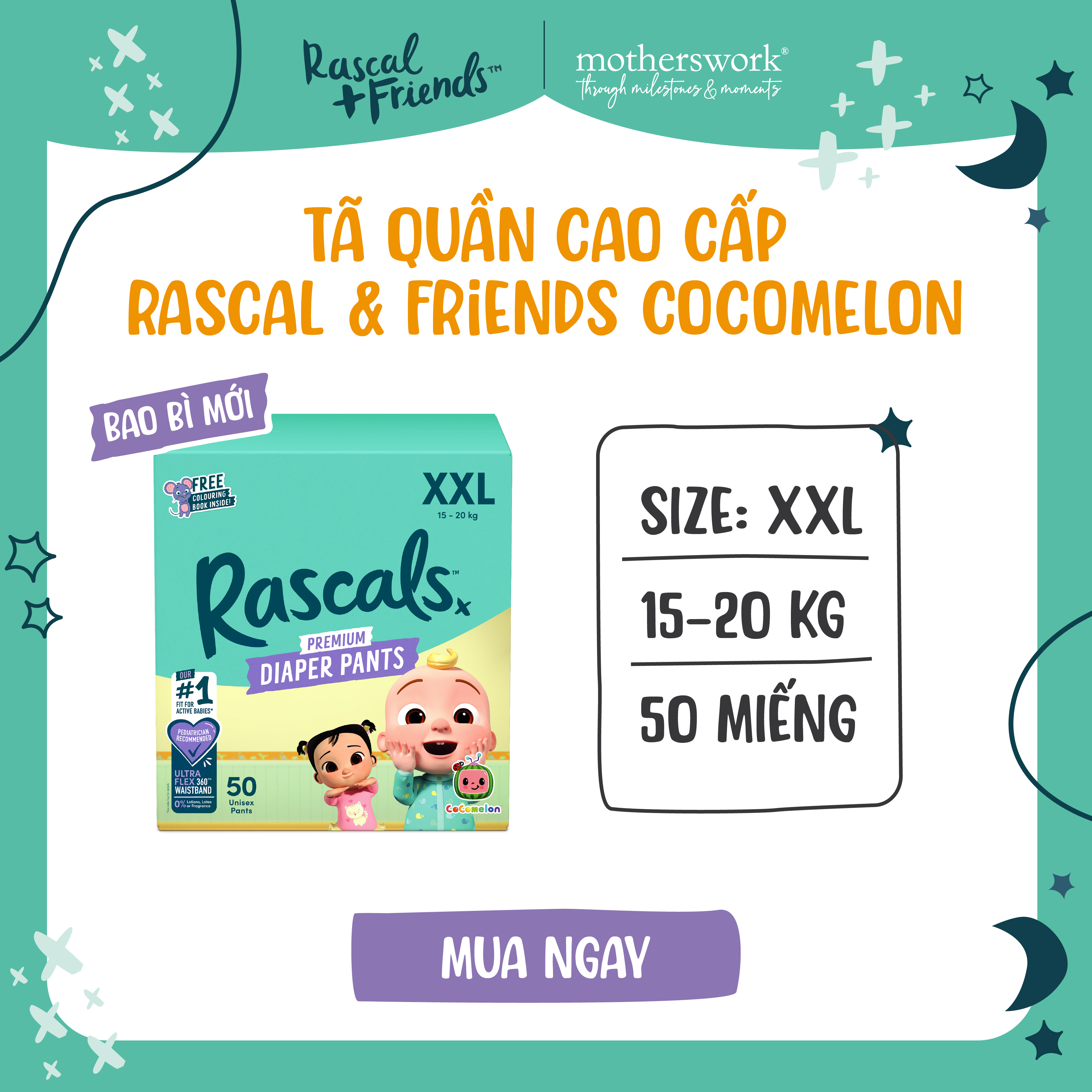 Tã/Bỉm Quần Cao Cấp Rascal + Friends Cocomelon Size XXL 15-20kg, 50 miếng