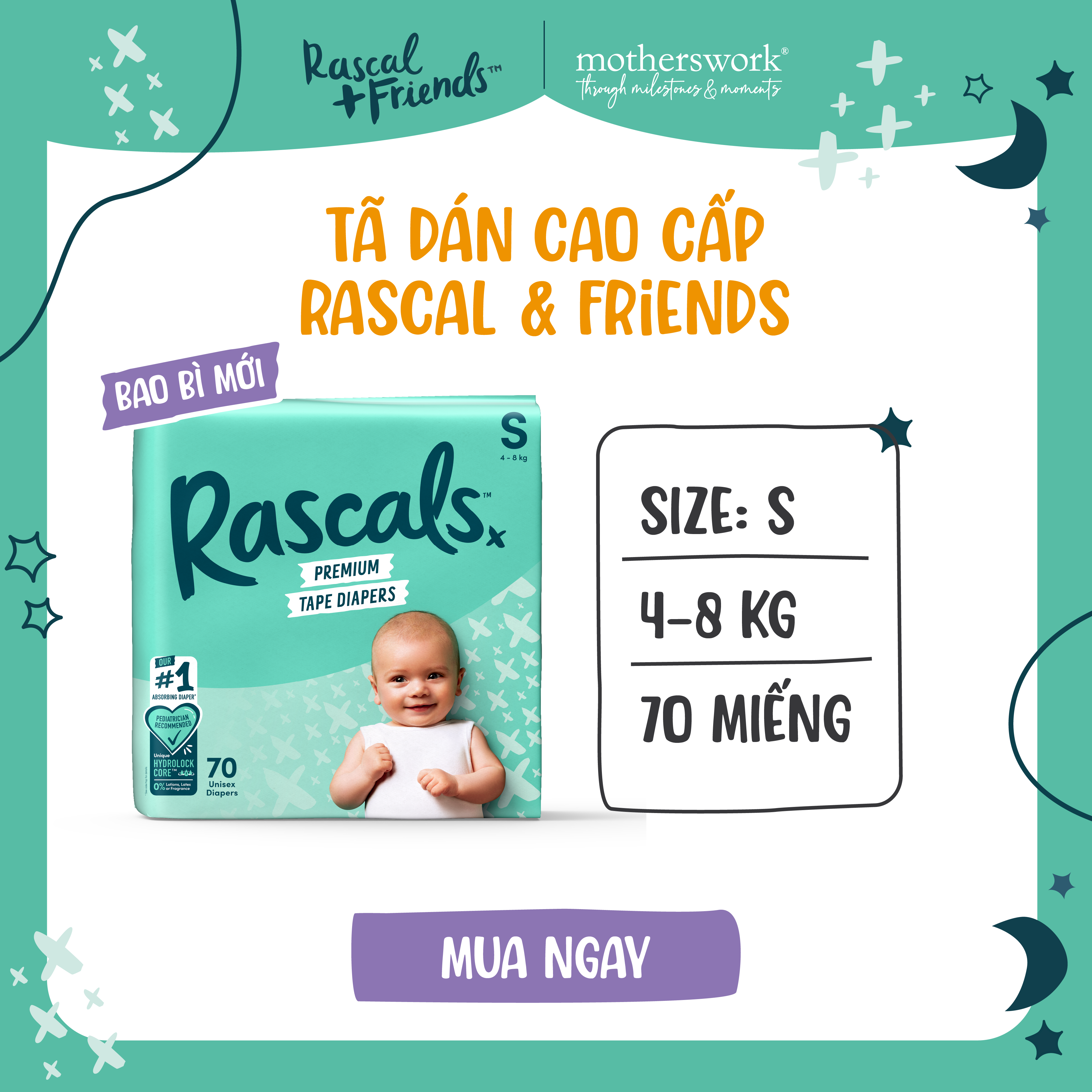 Tã/Bỉm Dán Cao Cấp Rascal + Friends Size S 4-8kg, 70 miếng