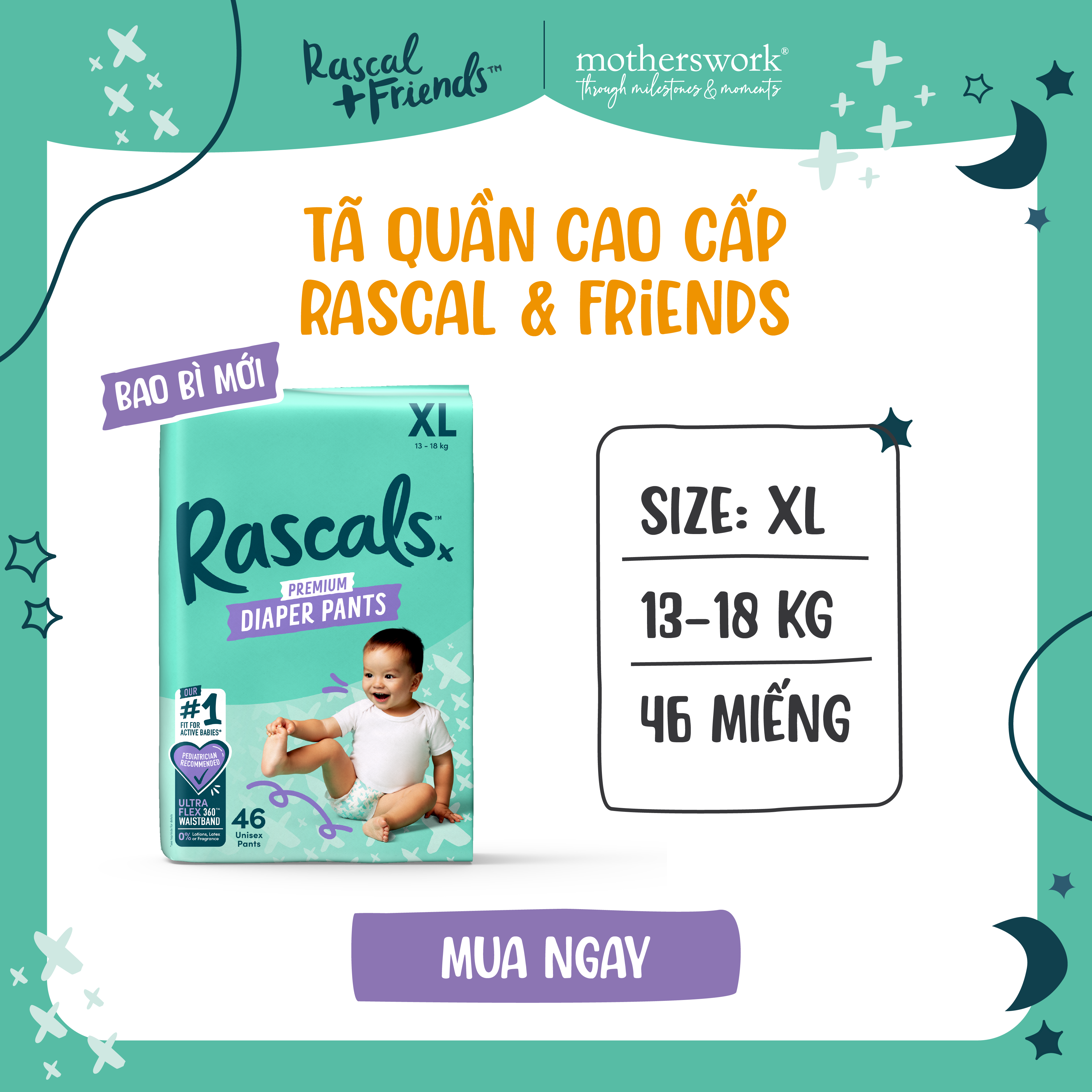 Tã/Bỉm Quần Cao Cấp Rascal + Friends Size XL 13-18kg, 46 miếng