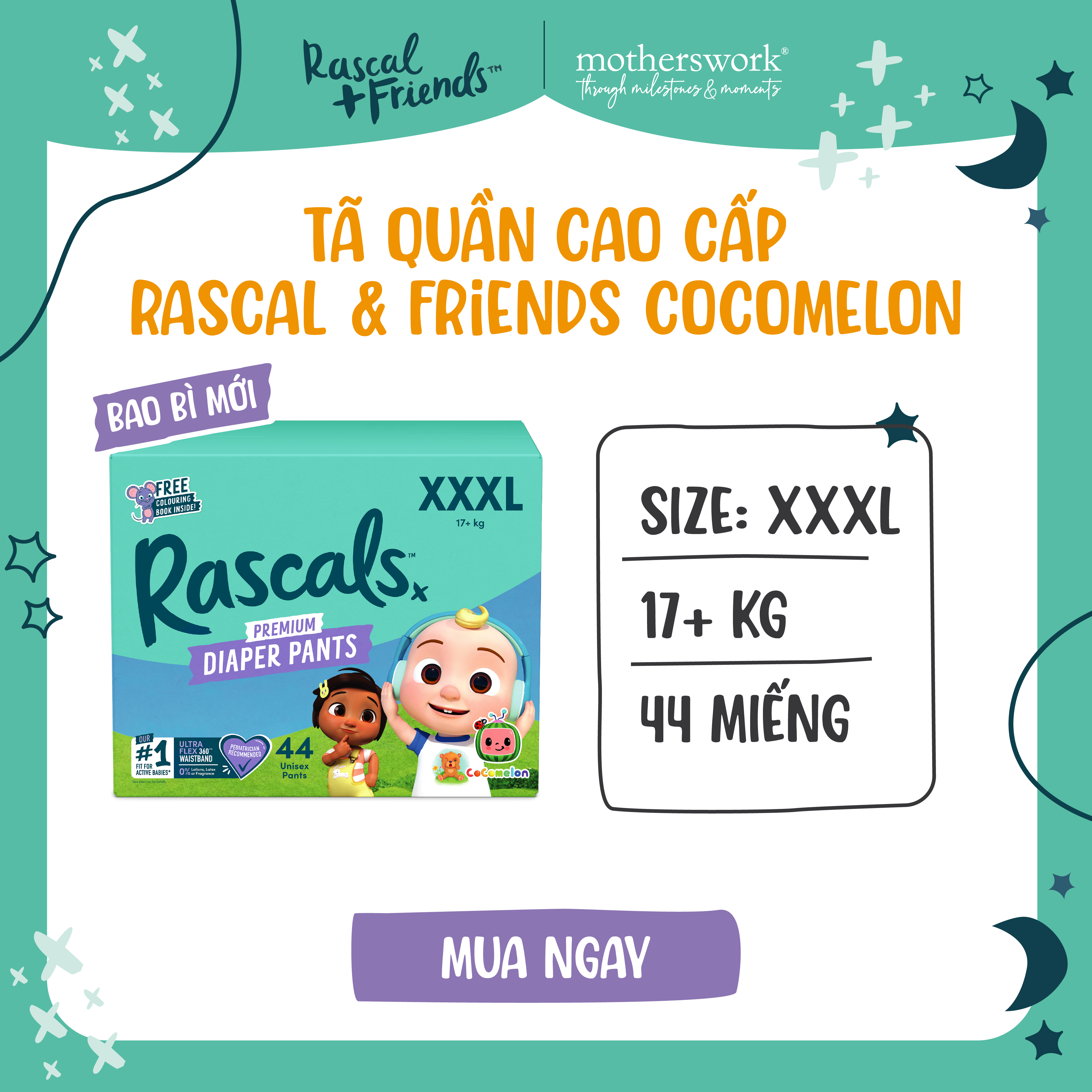 Tã/Bỉm Quần Cao Cấp Rascal + Friends Cocomelon Size XXXL 17kg trở lên, 44 miếng