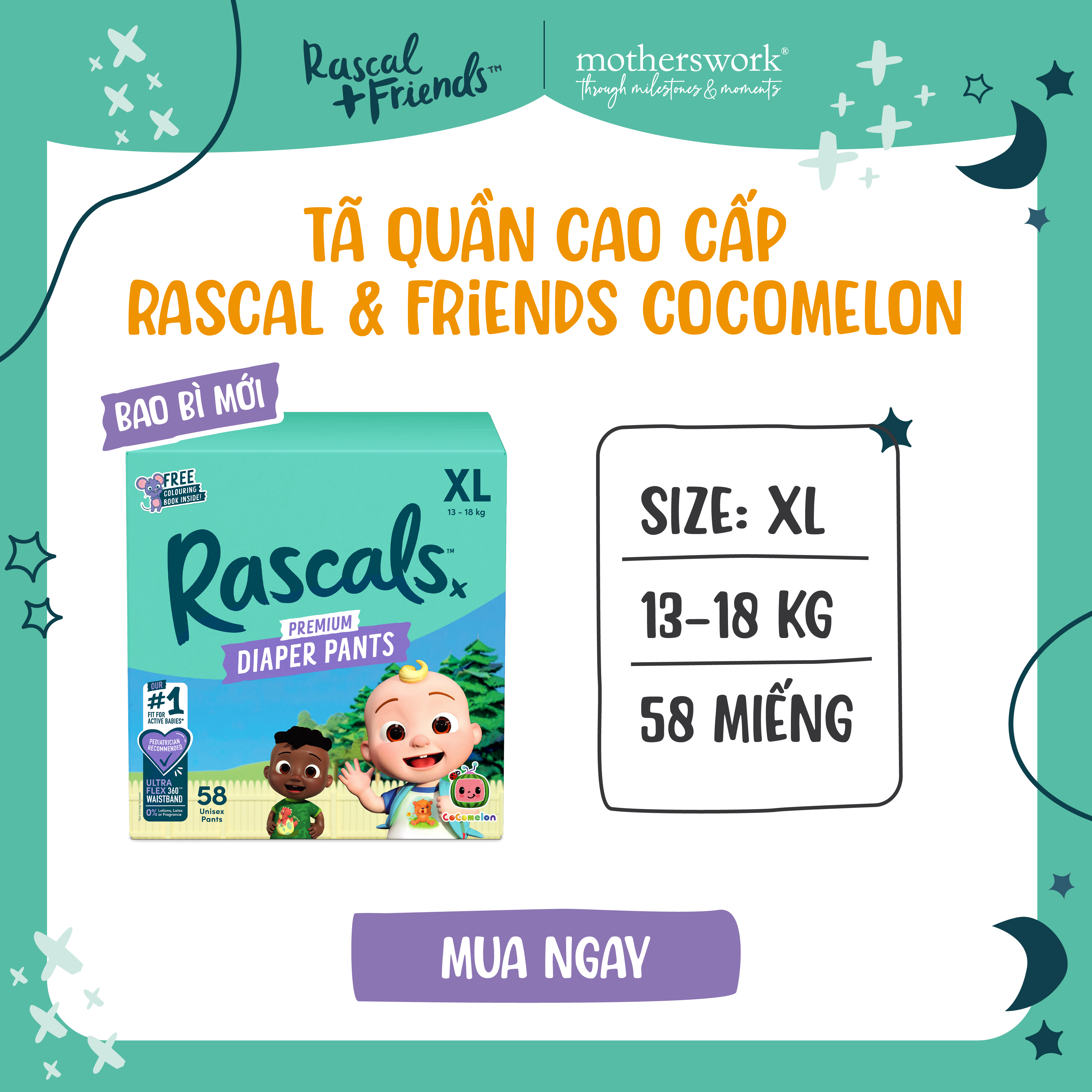 Tã/Bỉm Quần Cao Cấp Rascal + Friends Cocomelon Size XL 13-18kg, 58 miếng