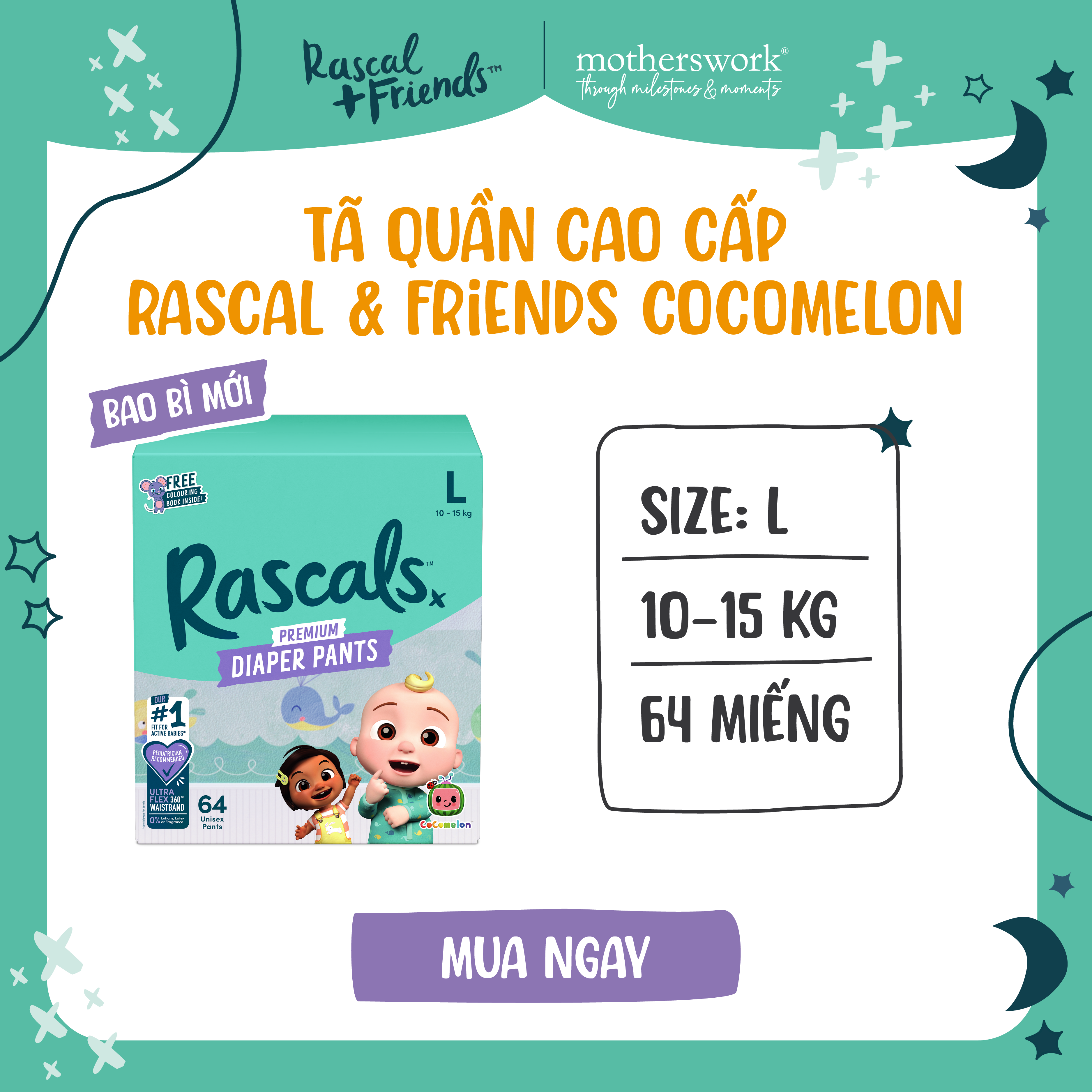 Tã/Bỉm Quần Cao Cấp Rascal + Friends Cocomelon Size L 10-15kg, 64 miếng