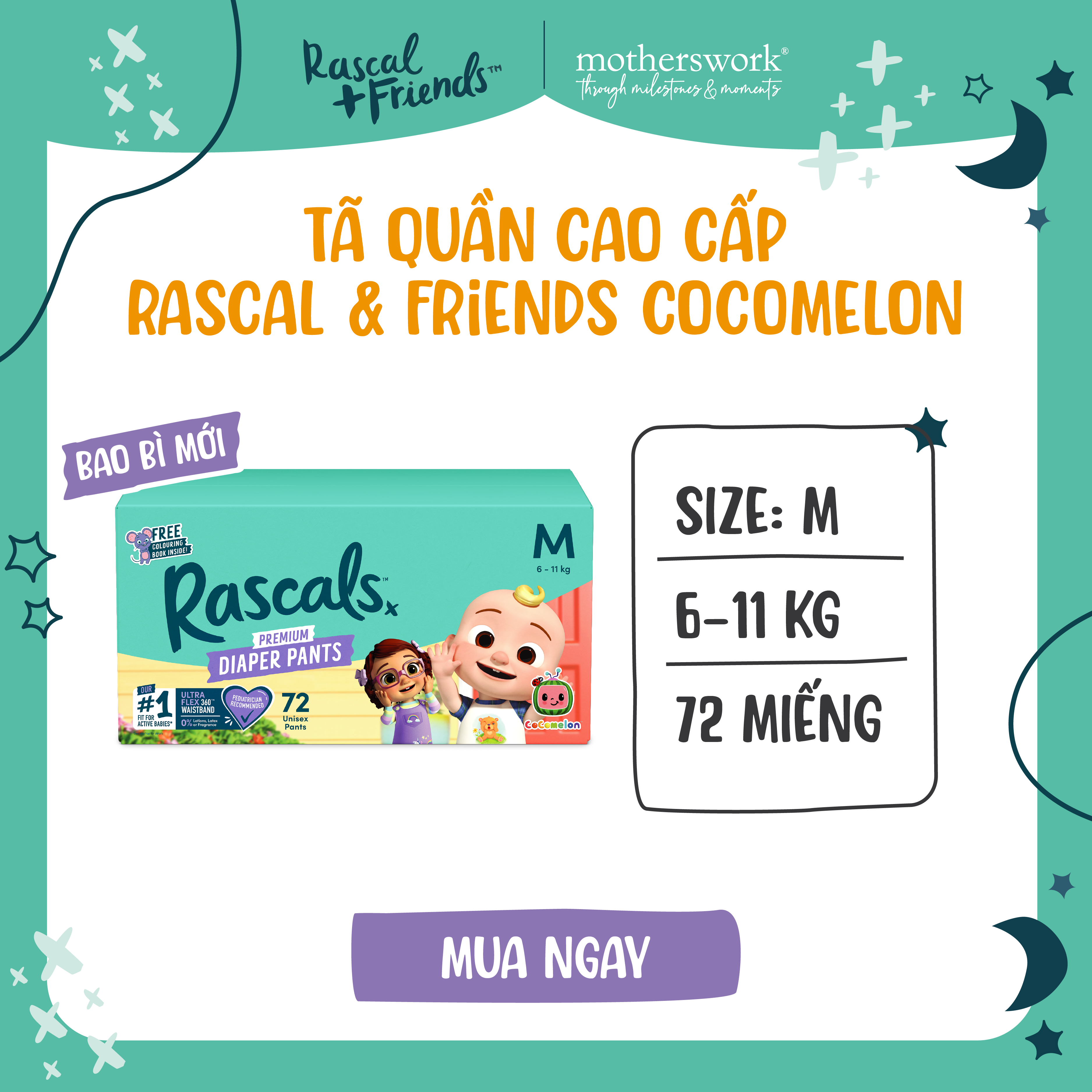 Tã/Bỉm Quần Cao Cấp Rascal + Friends Cocomelon Size M 6-11kg, 72 miếng