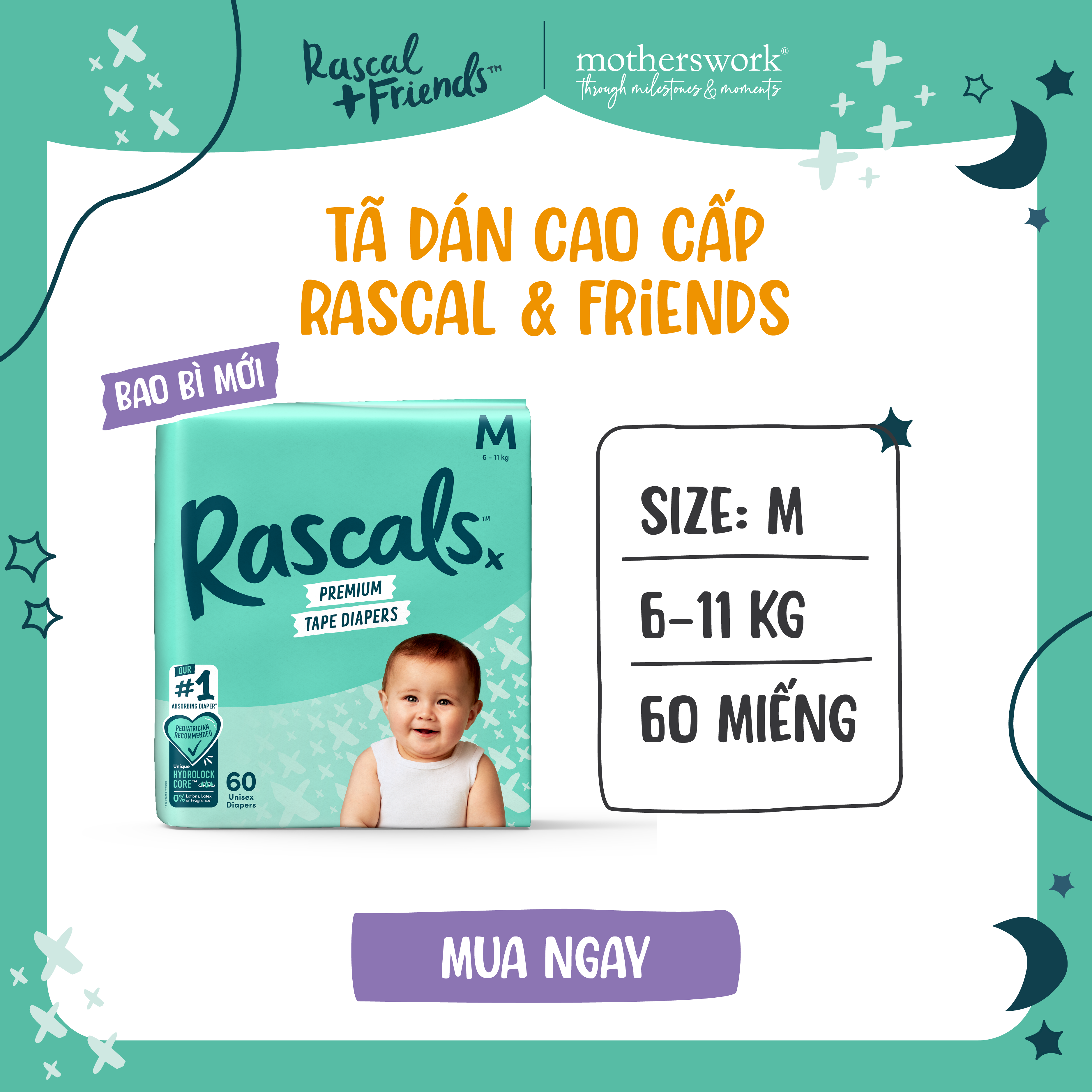 Tã/Bỉm Dán Cao Cấp Cho Bé Rascal + Friends Size M 6-11kg, 60 miếng