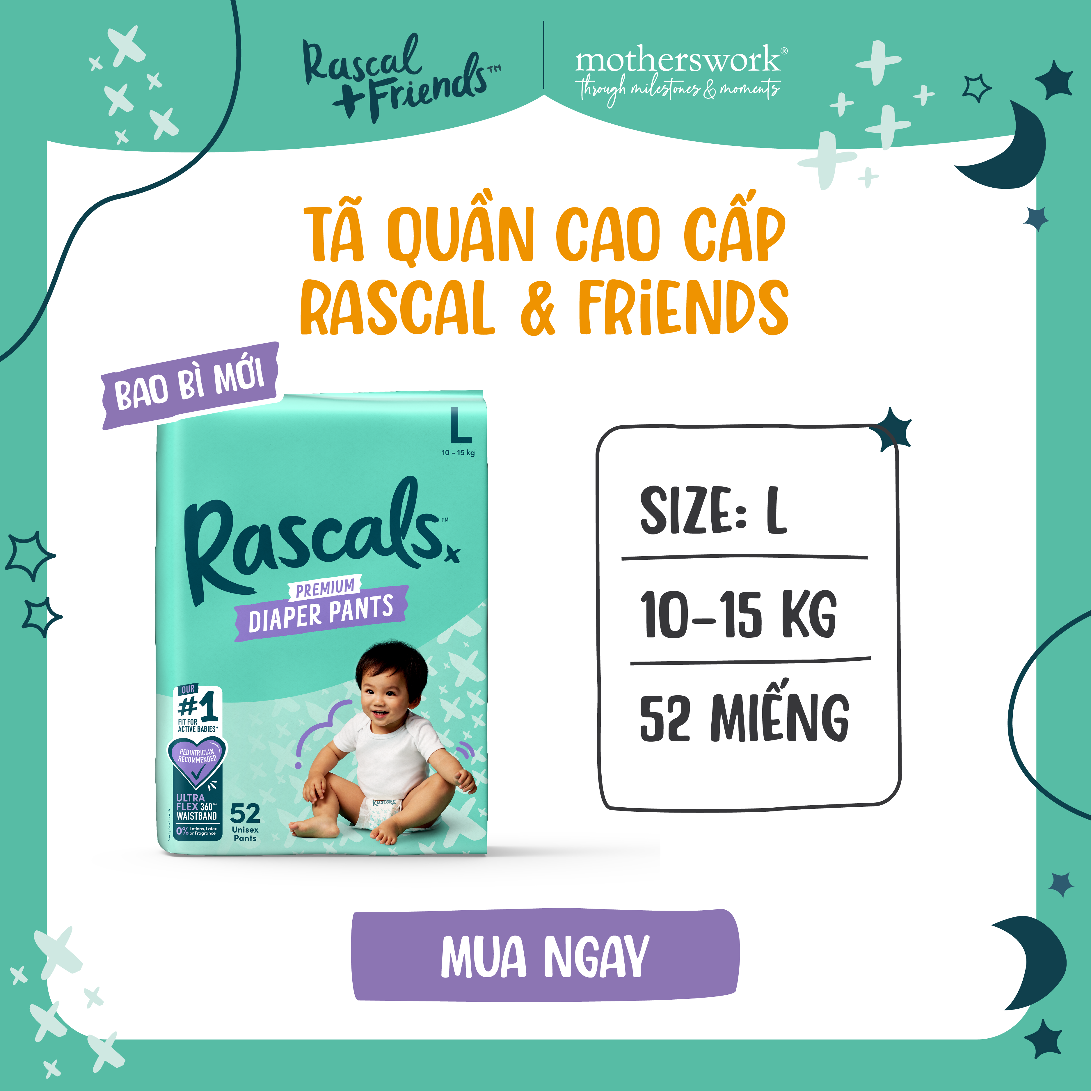 Tã/Bỉm Quần Cao Cấp Rascal + Friends Size L 10-15kg, 52 miếng