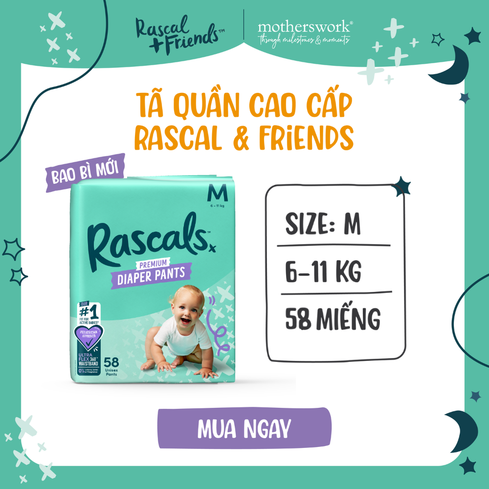 Tã/Bỉm Quần Cao Cấp Rascal + Friends Size M 6-11kg, 58 miếng