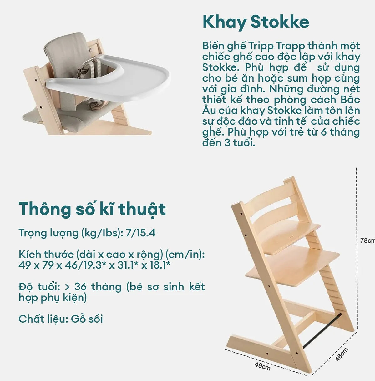 Ghế ăn dặm cho bé cao cấp Stokke Tripp Trapp, tải trọng 136kg, bảo hành 7 năm