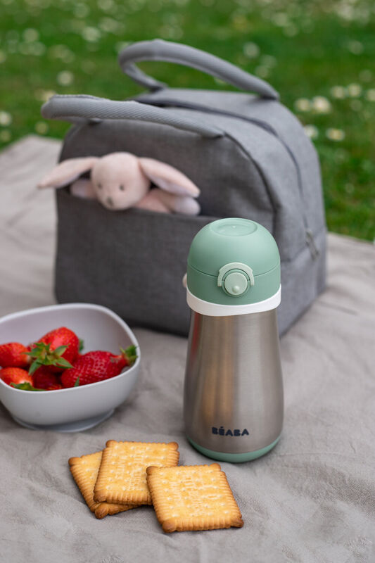 BEABA 350ml Stainless Steel Insulated Bottle with Straw for Babies 12 Months+ - Pink