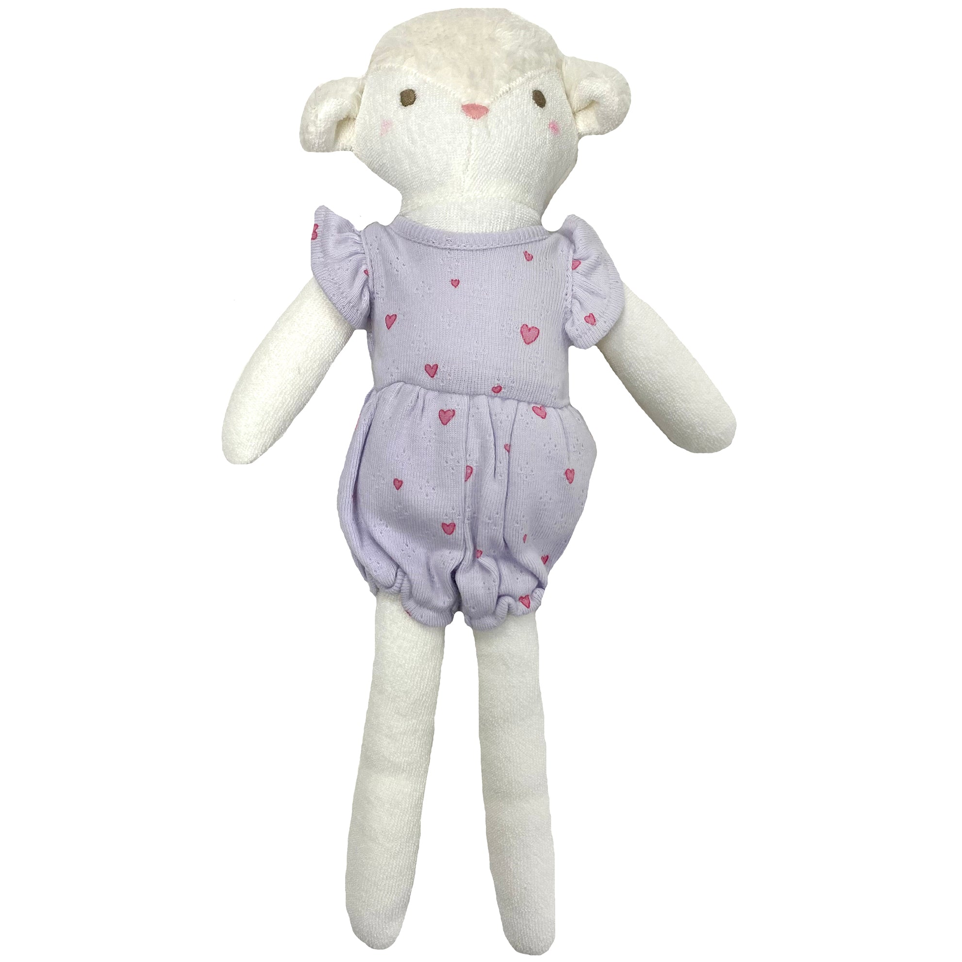 White sheep stuffed animal wearing heart printed bodysuit