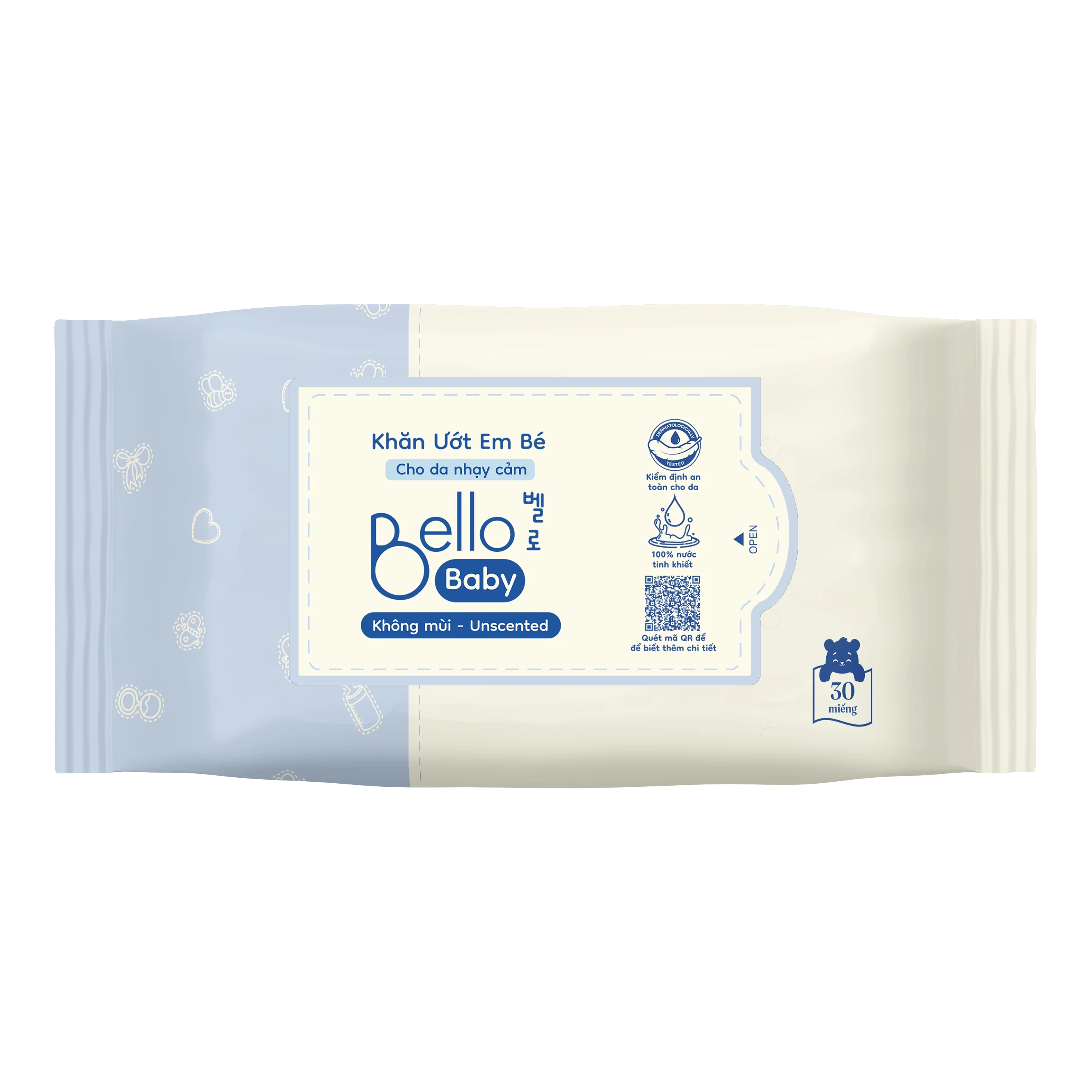 BELLO Baby Wipes 100% Pure Water Unscented – 30 Sheets | Gentle Care for Baby's Skin