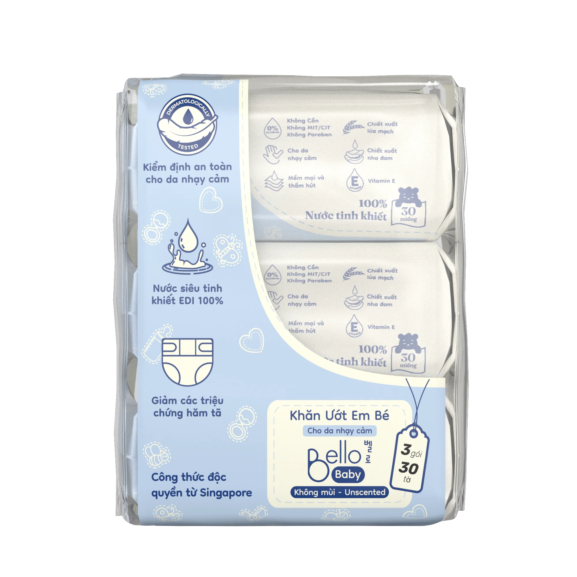 BELLO Baby Wipes 100% Pure Water Unscented – 30 Sheets | Gentle Care for Baby's Skin