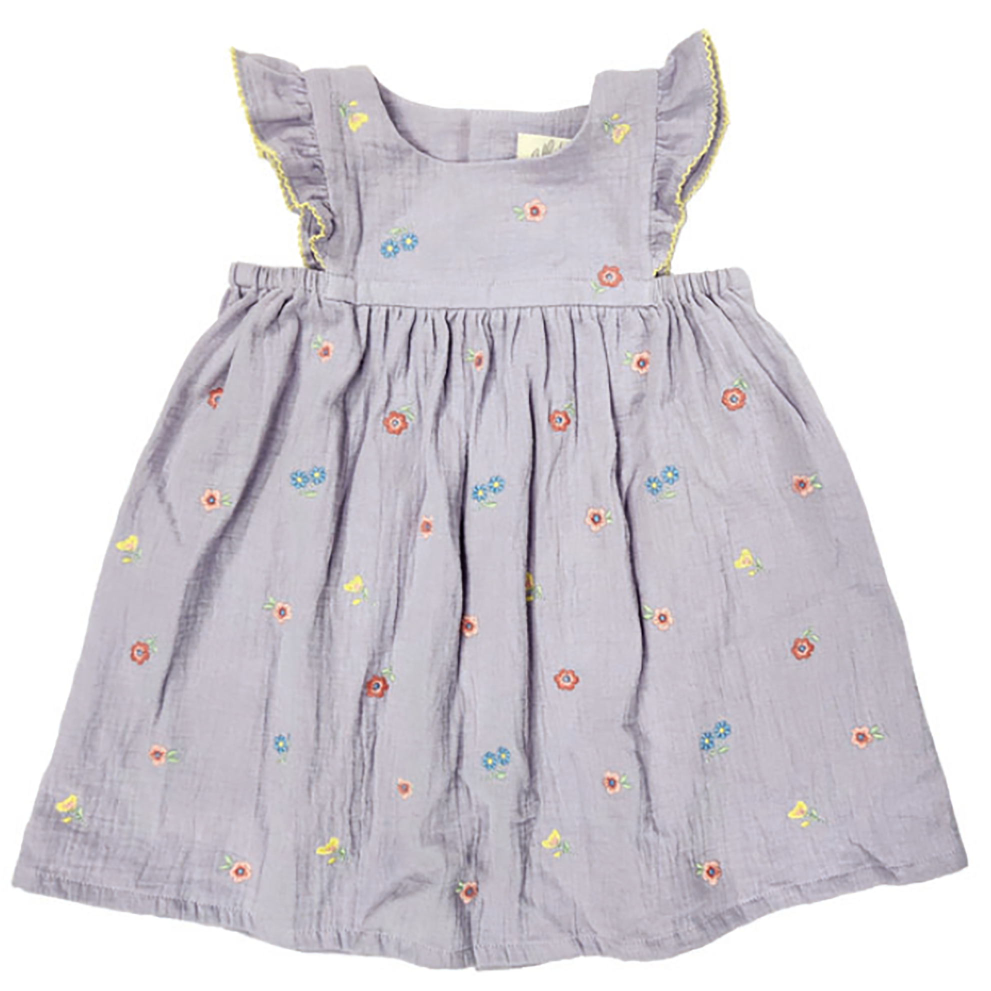 Purple muslin dress with multicolored floral embroidery