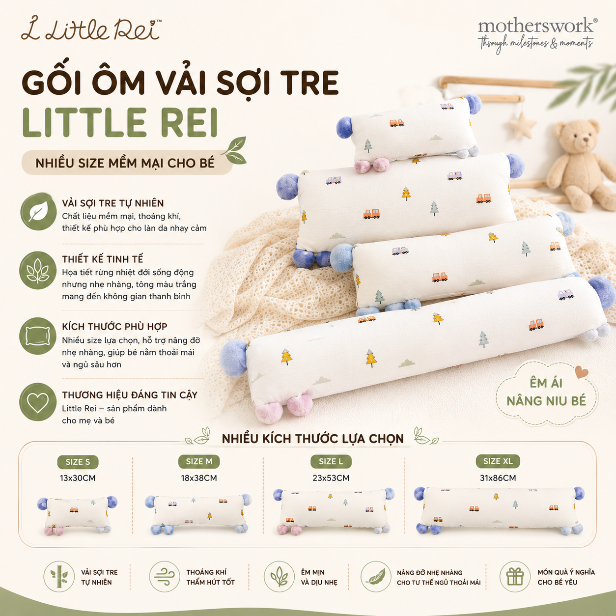 Little Rei Bamboo Fiber Bolster Pillow, Various Soft Sizes for Babies