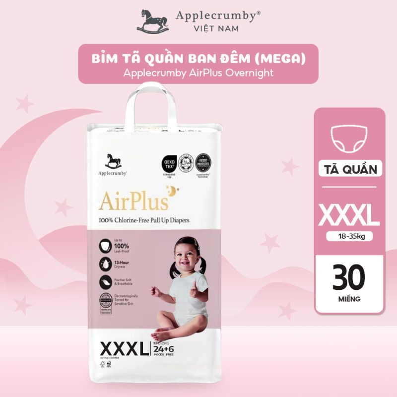 Bỉm Tã Quần Đêm Applecrumby Airplus Overnight Mega Pull Ups Size XXXL (Cho Bé Trên 20kg) - 30 Miếng Khô Thoáng Suốt Đêm