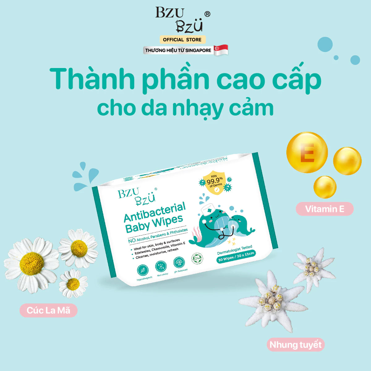 BZU BZU Anti-Bacterial Wipes for Babies (30 wipes) - Gentle & Safe Care
