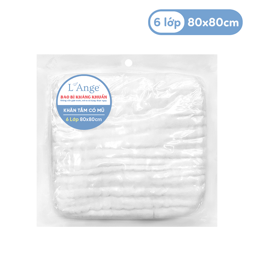 Khăn Tắm Vải Bông L'ANGE 6 Lớp Có Nón Cao Cấp Cho Bé 80x80cm - Mềm Mại & Thấm Hút Vượt Trội