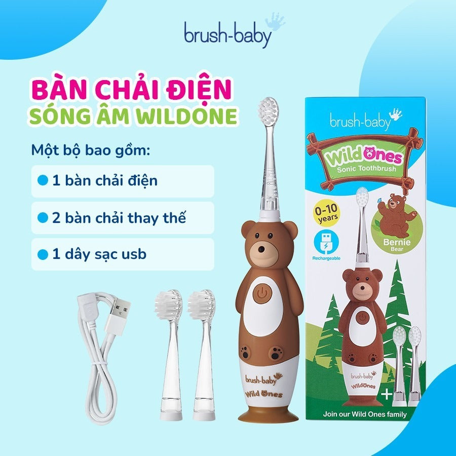 Brush-Baby Bàn Chải Điện Sóng Âm WildOnes Kèm Sạc 2 Chế Độ Làm Sạch Răng An Toàn Và Hiệu Quả Cho Bé (0–10 Tuổi)