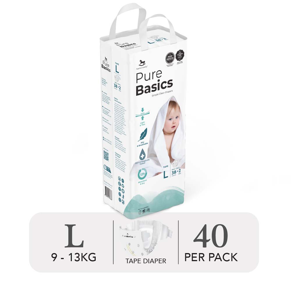 Applecrumby Purebasics Tape Day & Night Diapers Size L - 40 Pieces