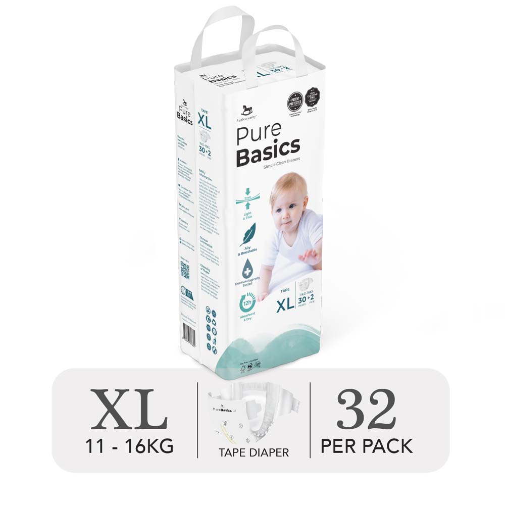 Applecrumby Purebasics Tape Day & Night Diapers Size XL - 32 Pieces
