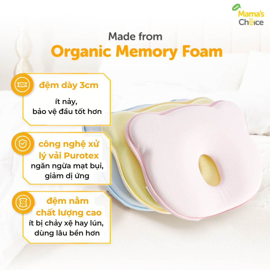 Gối chống bẹp đầu Mama's Choice chất liệu memory foam đàn hồi, gối định hình đầu cho bé sơ sinh 0-18 tháng