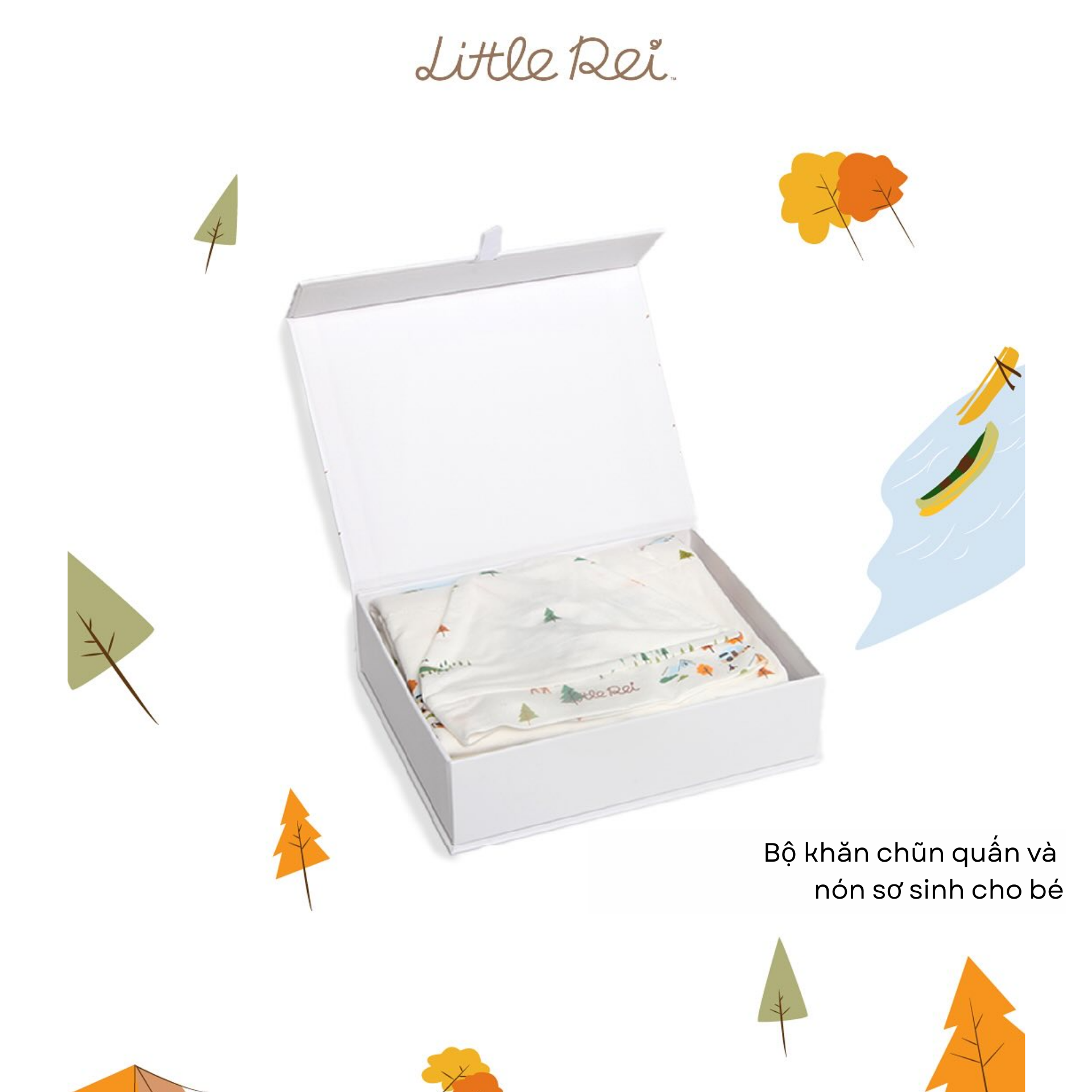 Bộ gift set chũn, quần áo liền thân và nón cho bé sơ sinh Little Rei, chất liệu vải sợi tre cao cấp