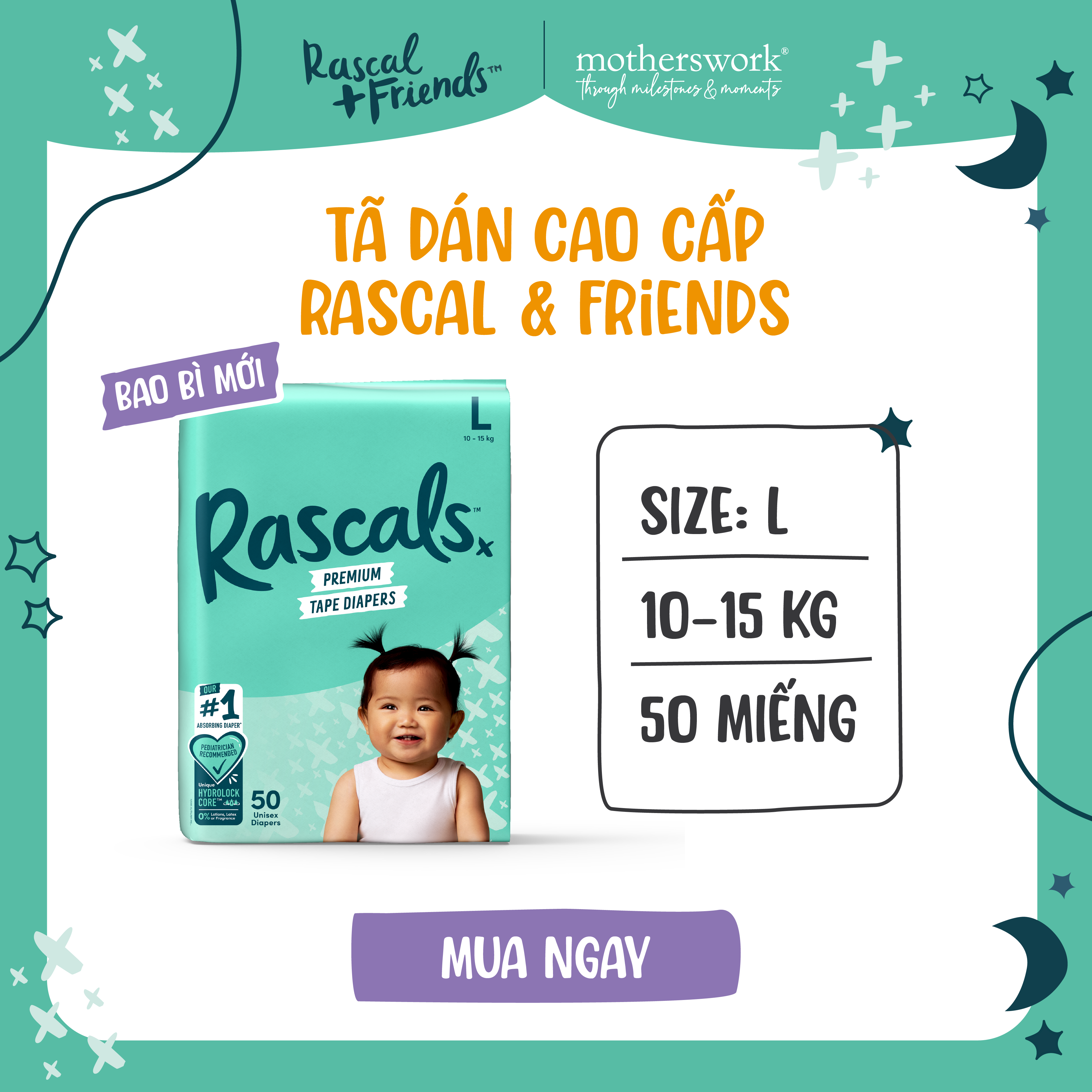 Rascal + Friends Premium Diapers Size L 10-15kg, 50 pieces 
