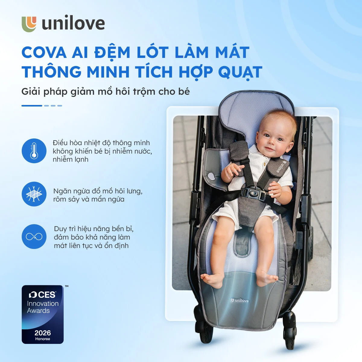 [Liên Hệ Đặt Hàng] Unilove COVA AI Đệm Lót Làm Mát Tích Hợp Quạt Cho Bé - Chỉnh Nhiệt Độ Tự Động | Unilove