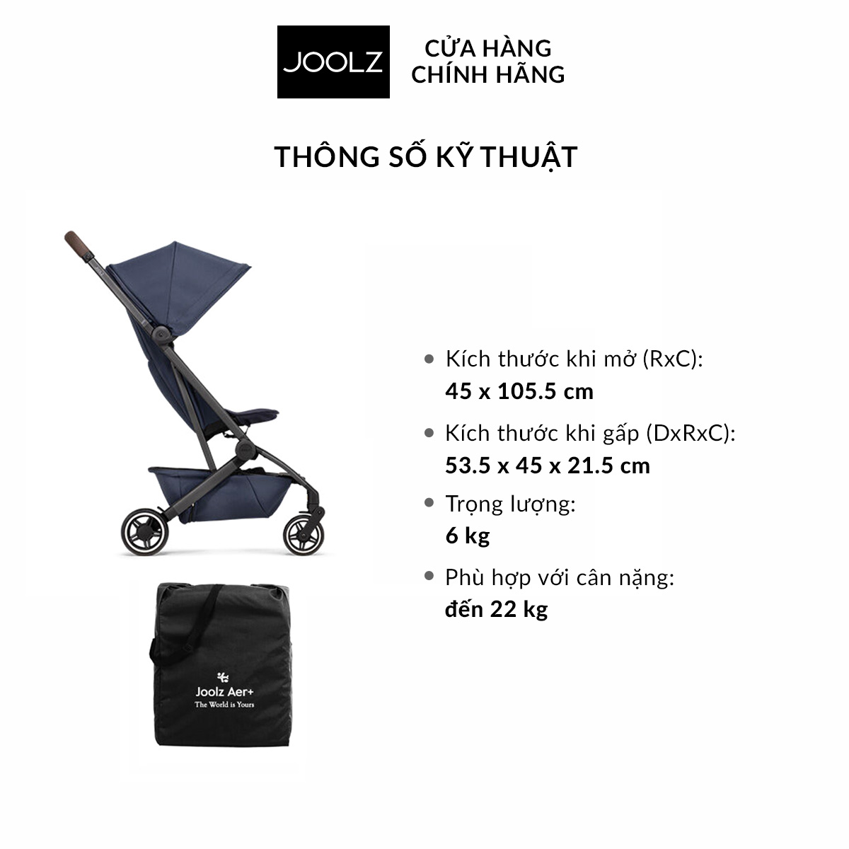 [Đặt hàng trước] Xe đẩy gấp gọn Joolz Aer+ cao cấp cho bé từ sơ sinh đến 22kg, bảo hành 10 năm
