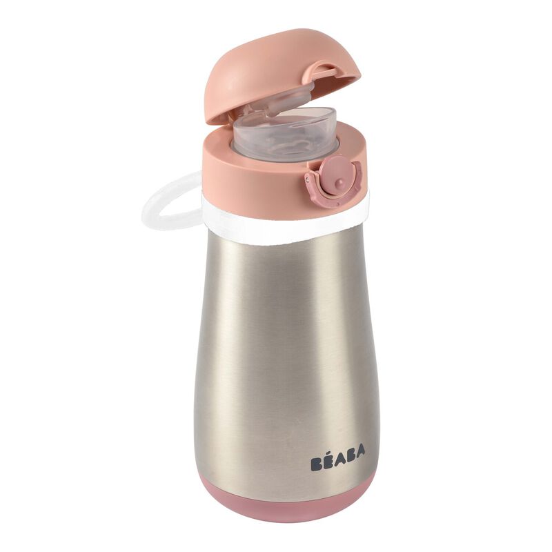 BEABA 350ml Stainless Steel Insulated Bottle with Straw for Babies 12 Months+ - Pink