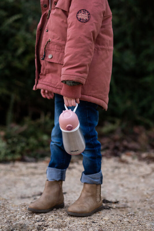 BEABA 350ml Stainless Steel Insulated Bottle with Straw for Babies 12 Months+ - Pink