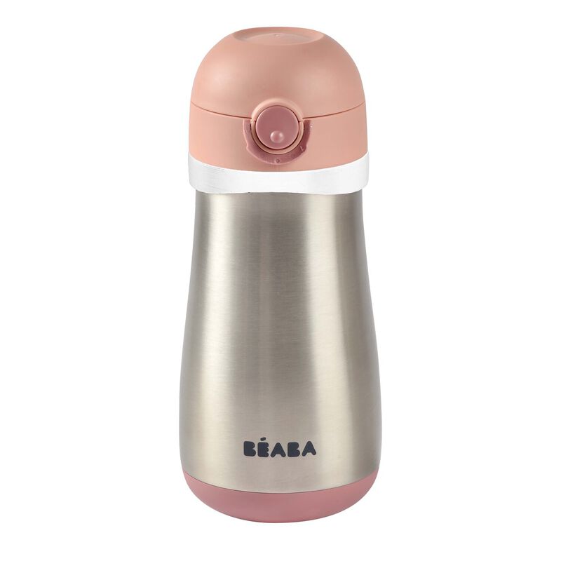 BEABA 350ml Stainless Steel Insulated Bottle with Straw for Babies 12 Months+ - Pink