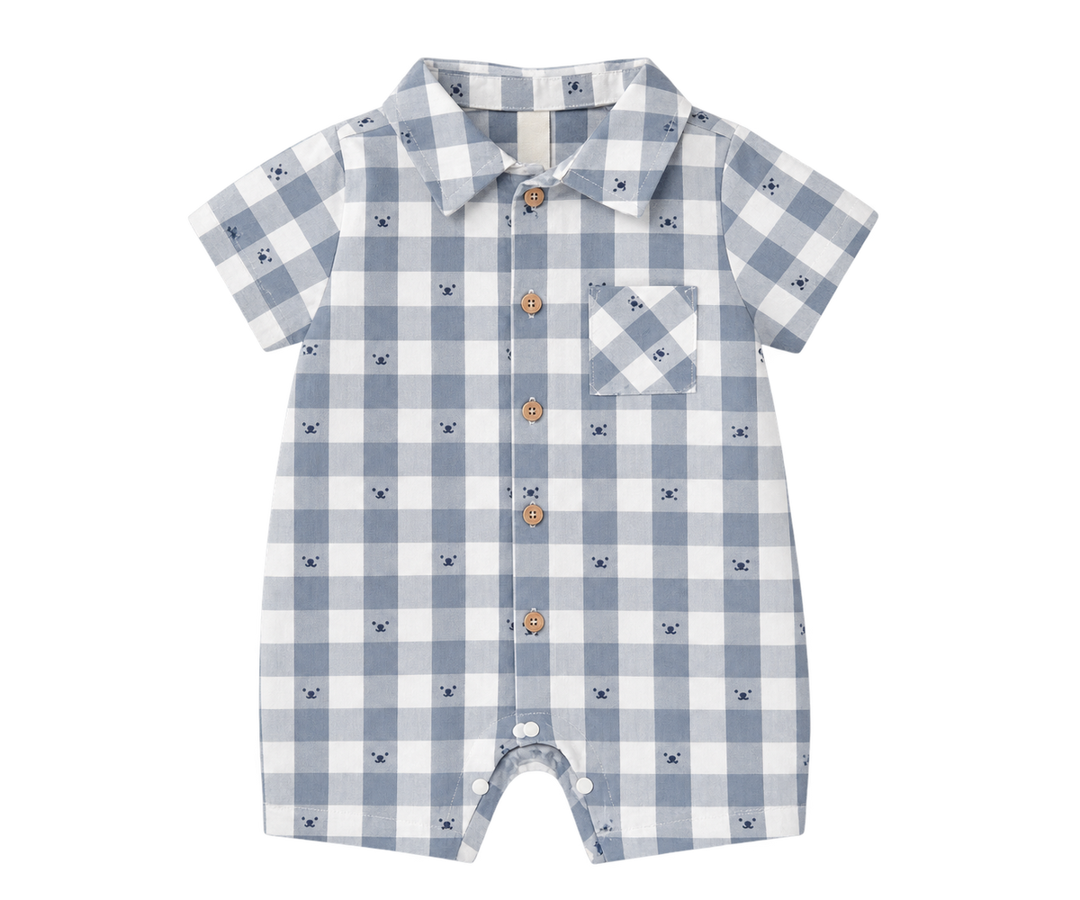 Áo Liền Thân Cho Bé Họa Tiết Ca-Rô Ngôi Sao Xanh (6-12M) - Cao Cấp & Mềm Mại | Albetta