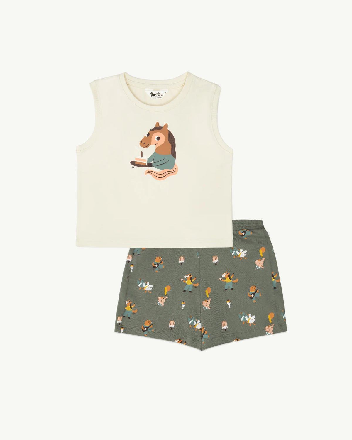 Bộ Quần Áo Cộc Tay Trẻ Em Hoạ Tiết Chú Ngựa Xanh Lá Party Friends Short Set Cho Bé Từ 3-6Y | NINUNAPZ