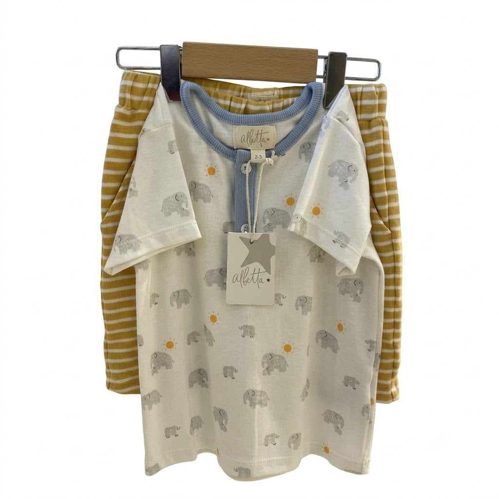 Bộ Quần Áo Ngắn Tay Bé Trai Bé Gái In Hình Voi Patchwork Trắng Kem Vàng (1-5Y) | Albetta