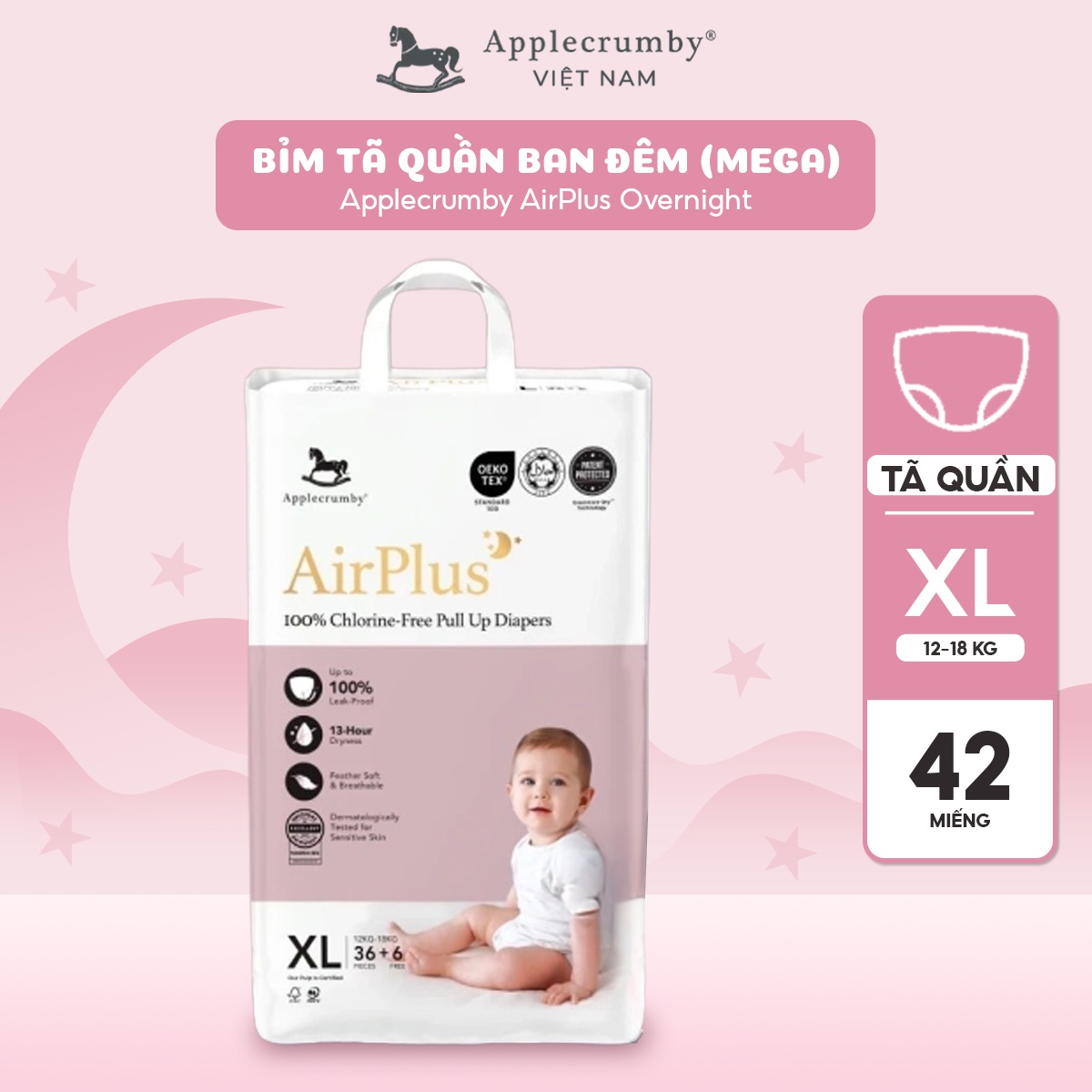 Bỉm Tã Quần Đêm Size XL – 42 Miếng (12–18kg) | Applecrumby