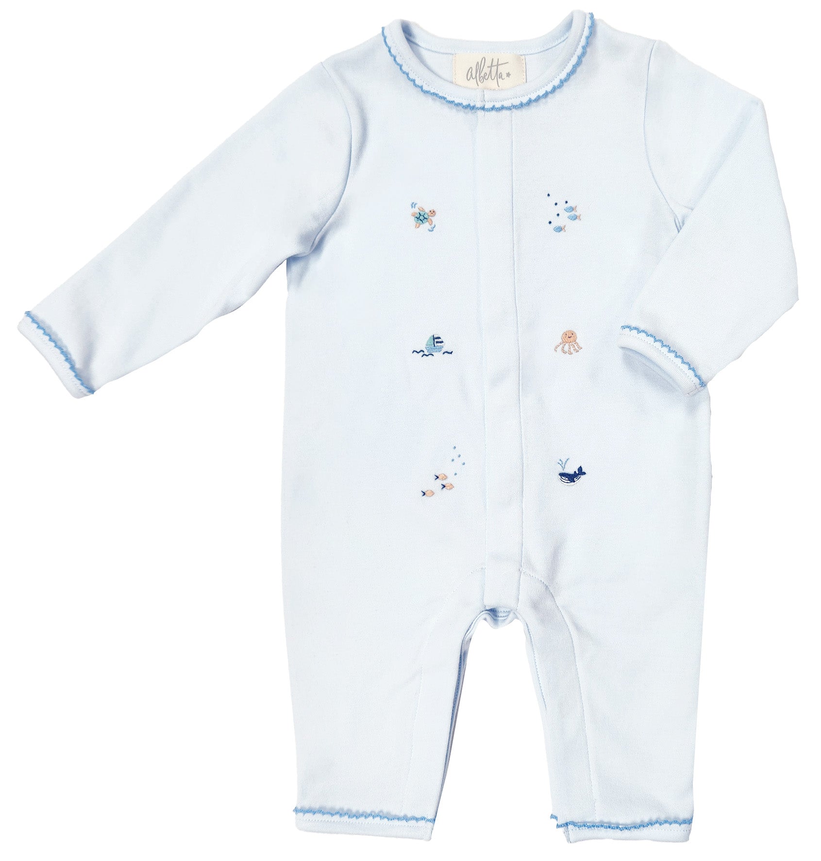 Sleepsuit xanh thêu phong cách đại dương, cài trước Albetta 0-12 tháng