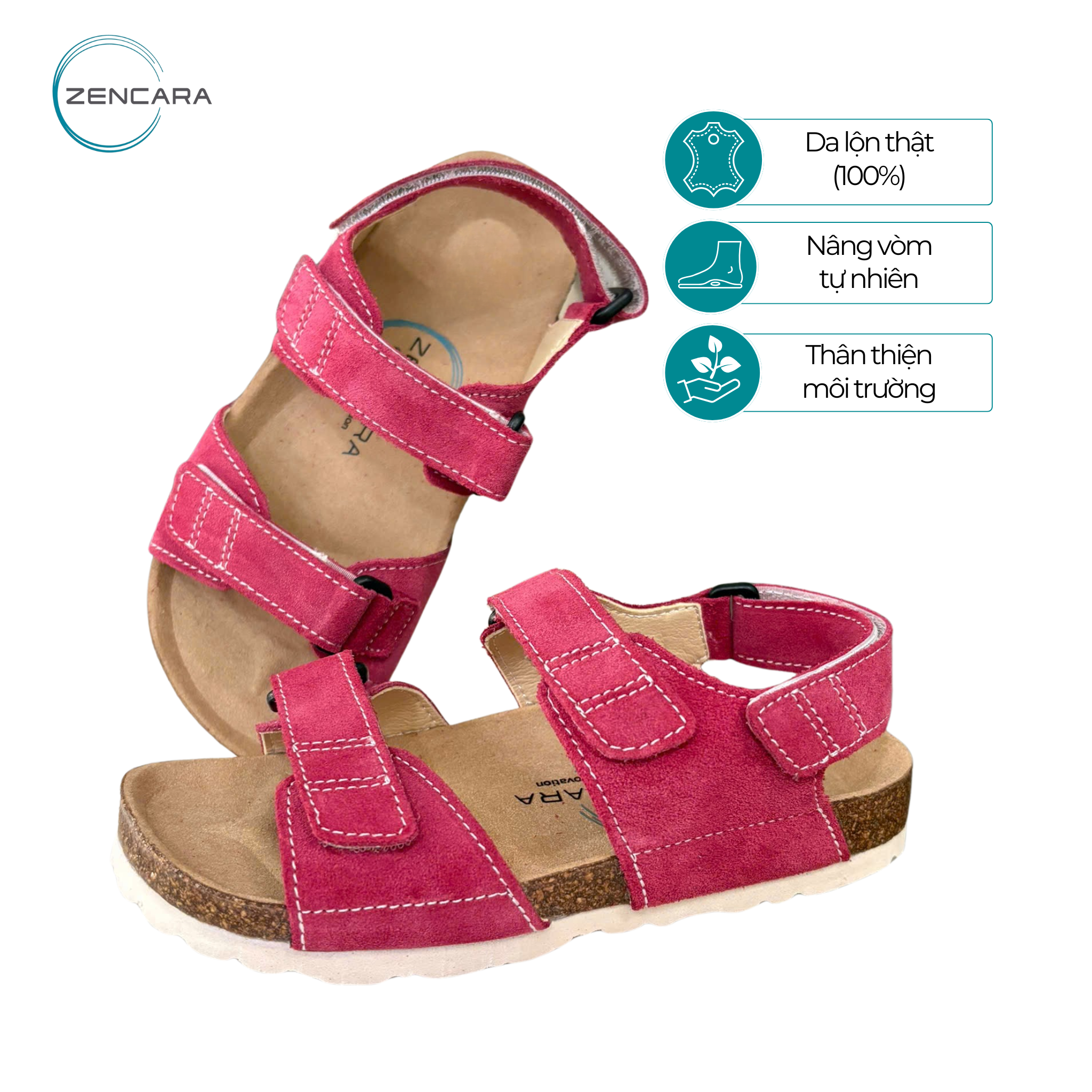 Sandal Sức Khỏe Đế Cork Trẻ Em Màu Hồng Đậm Zencara