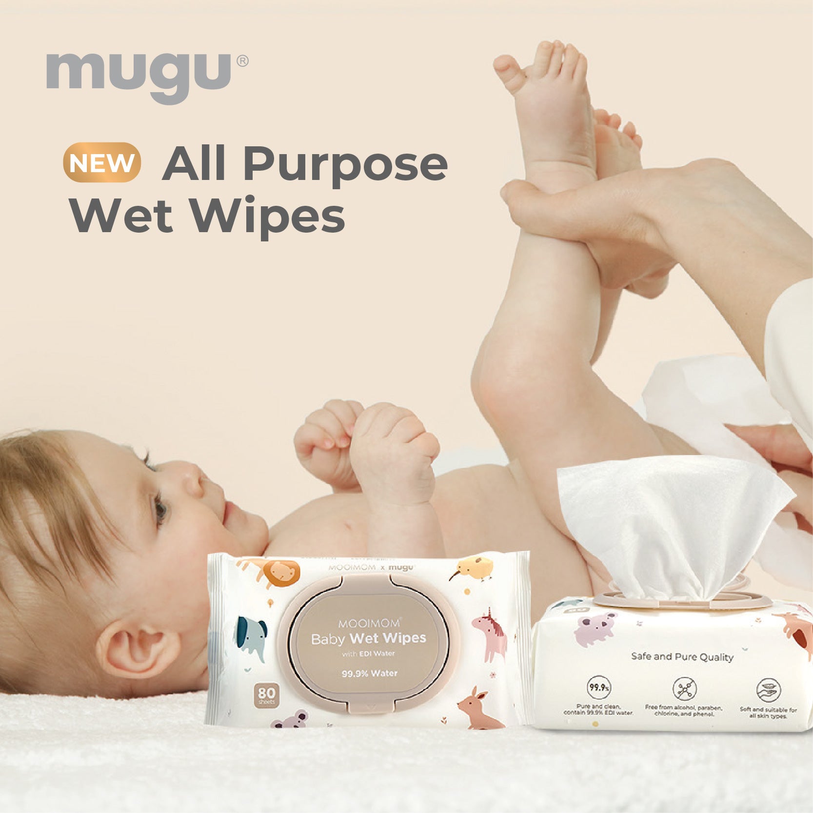 MUGU Baby Wipes with 99% EDI Purified Water (80 wipes) - Soft, Safe for Sensitive Skin