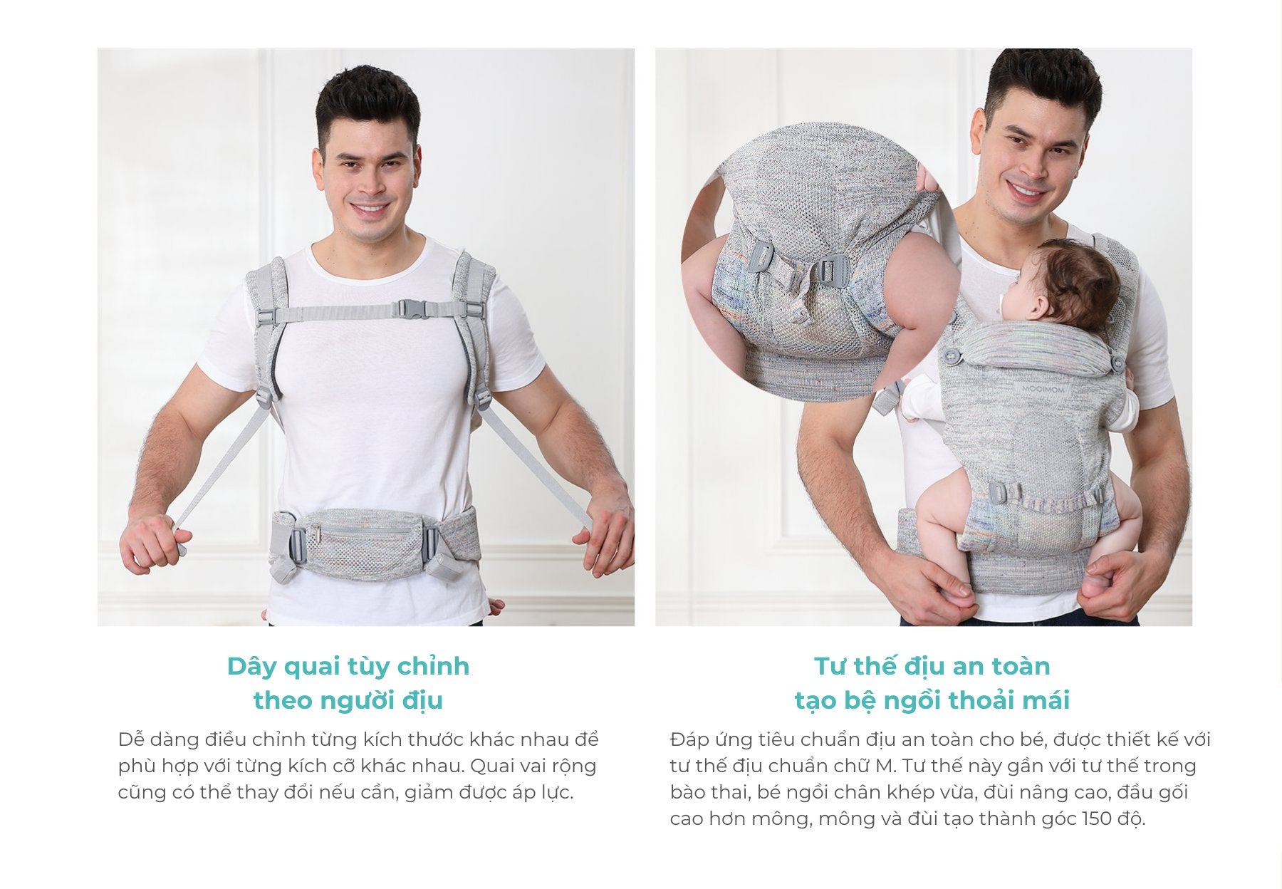 MOOIMOM MMO NERO BIANCO Premium Hipseat Carrier - Black, Comfortable & Safe for Babies 3-36 Months