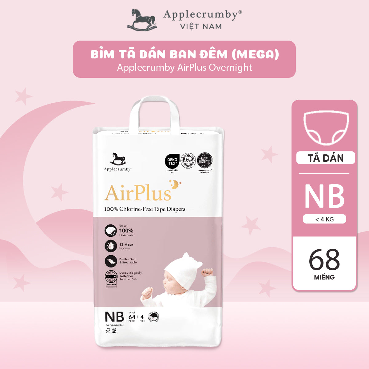 Bỉm tã dán đêm Applecrumby Airplus Overnight Mega Tape size NB – 64+4 miếng (dưới 4kg)