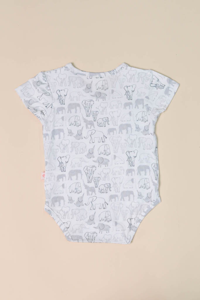 Đồ liền thân tay ngắn Wrap Onesie màu xanh dương hoạt tiết gia đình voi