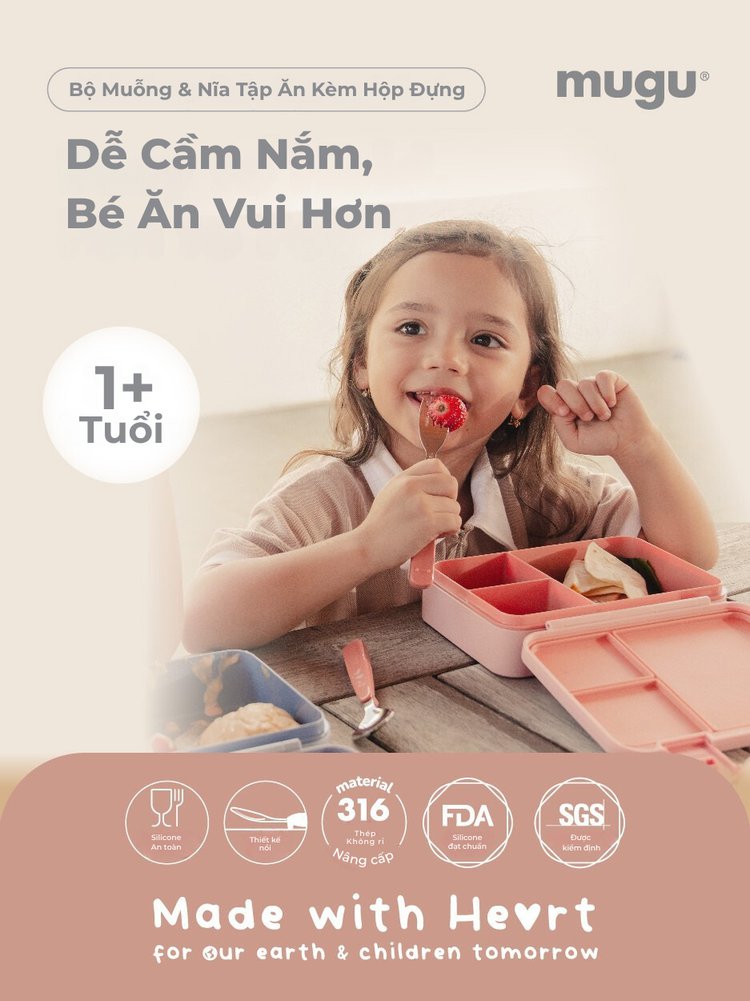 Bộ Muỗng Nĩa Ăn Dặm Inox 316 Cho Bé mugu – Kèm Hộp Đựng Vệ Sinh