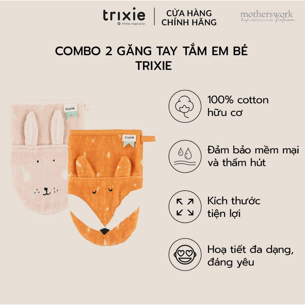 Bộ 2 găng tay tắm em bé Trixie cotton hữu cơ an toàn, thấm hút tốt