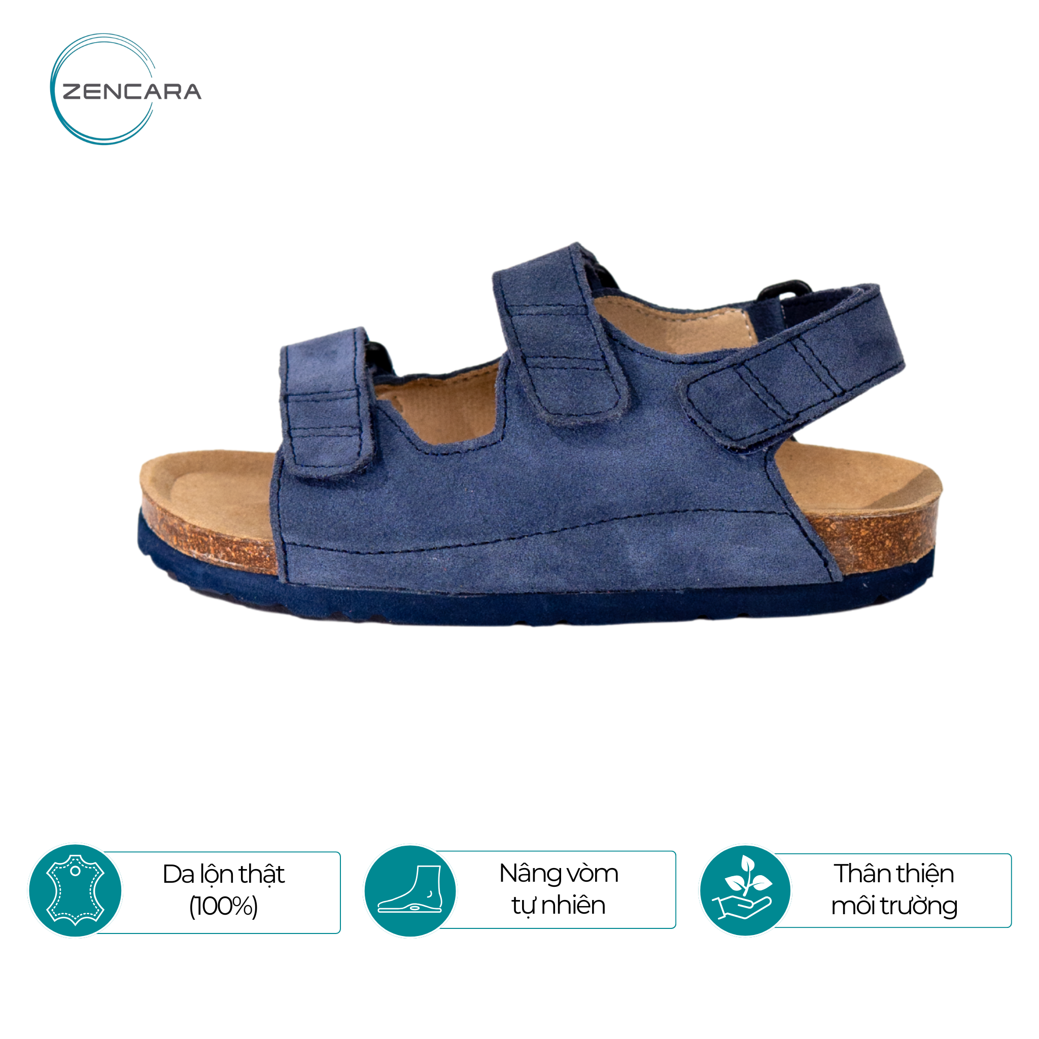 Sandal Sức Khỏe Đế Cork Trẻ Em Màu Navy Zencara