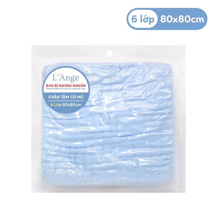 Khăn Tắm Vải Bông L'ANGE  6 Lớp Có Nón Cao Cấp Cho Bé 80x80cm - Mềm Mại & Thấm Hút Vượt Trội