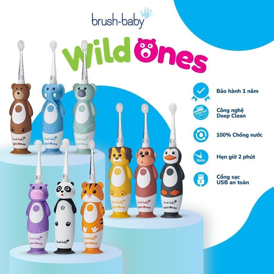 Brush-Baby Bàn Chải Điện Sóng Âm WildOnes Kèm Sạc 2 Chế Độ Làm Sạch Răng An Toàn Và Hiệu Quả Cho Bé (0–10 Tuổi)