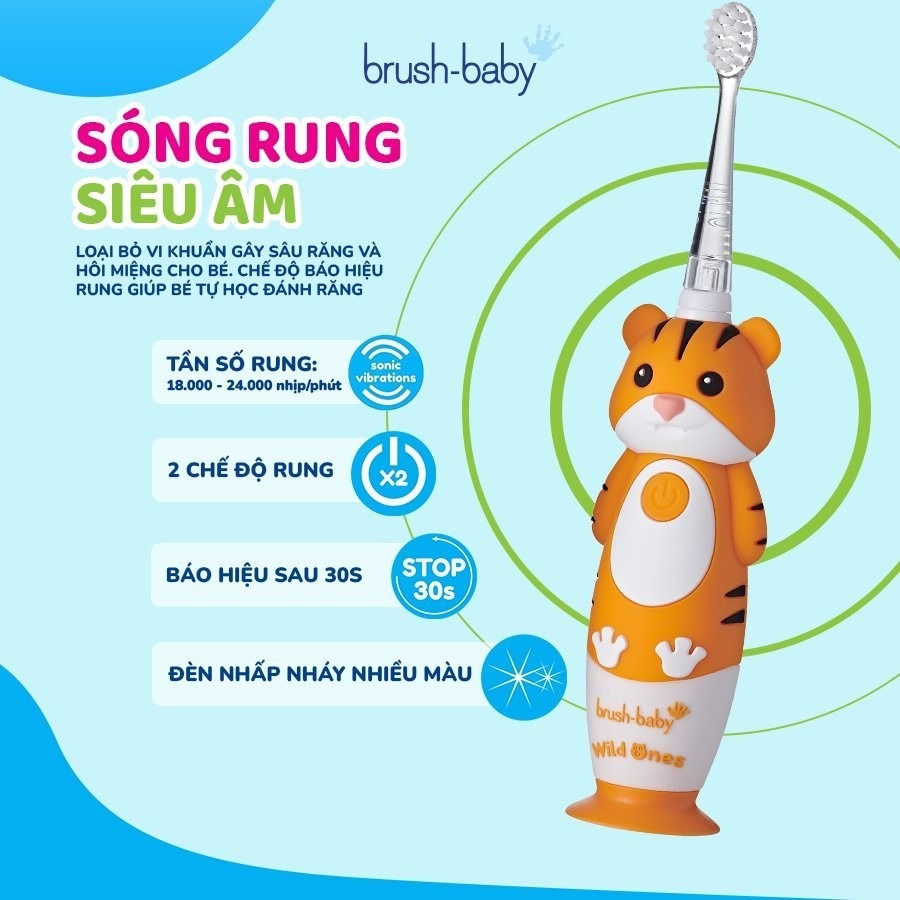 Brush-Baby Bàn Chải Điện Sóng Âm WildOnes Kèm Sạc 2 Chế Độ Làm Sạch Răng An Toàn Và Hiệu Quả Cho Bé (0–10 Tuổi)